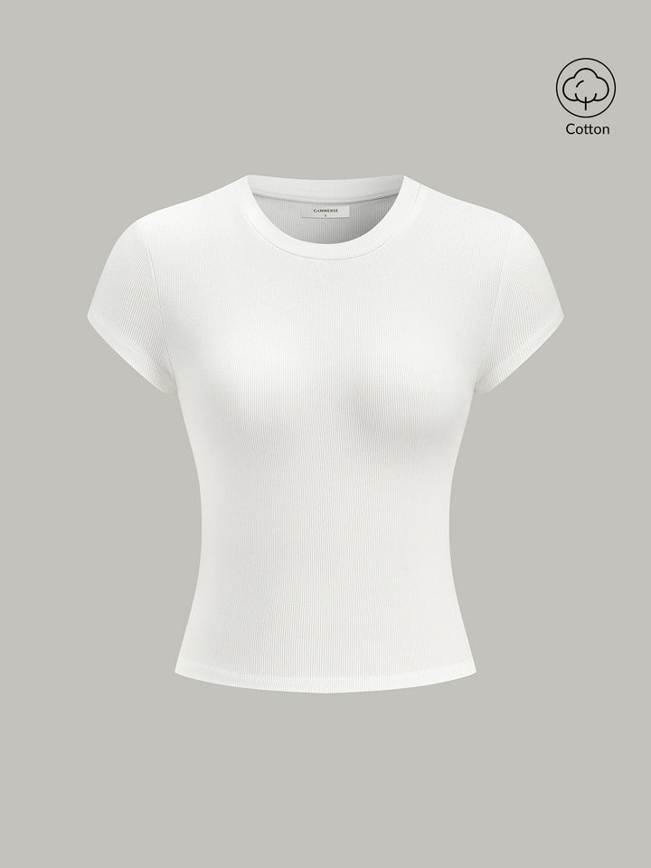 Ribbed Crew Neck Short Sleeve Cotton-Blend Top  Liora Lane Boutique T-Shirts