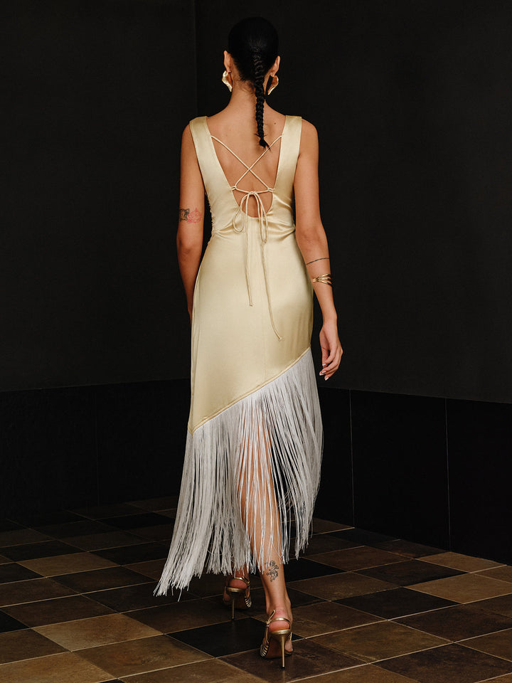 Satin Asymmetric Fringe Hem Maxi Dress  Liora Lane Boutique Dresses