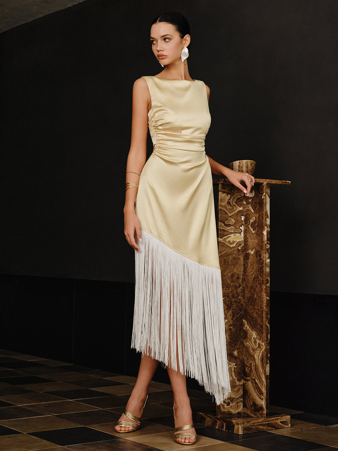 Satin Asymmetric Fringe Hem Maxi Dress  Liora Lane Boutique Dresses Yellow / XL 42.00