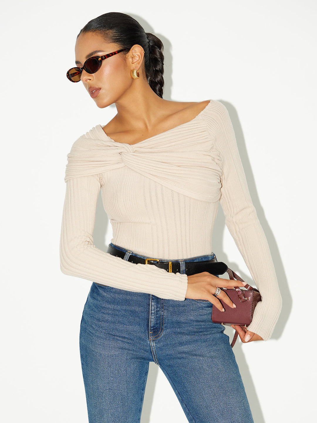 Asymmetric Twist-Front Ribbed Knit Top  Liora Lane Boutique T-Shirts Beige / XL 28.00