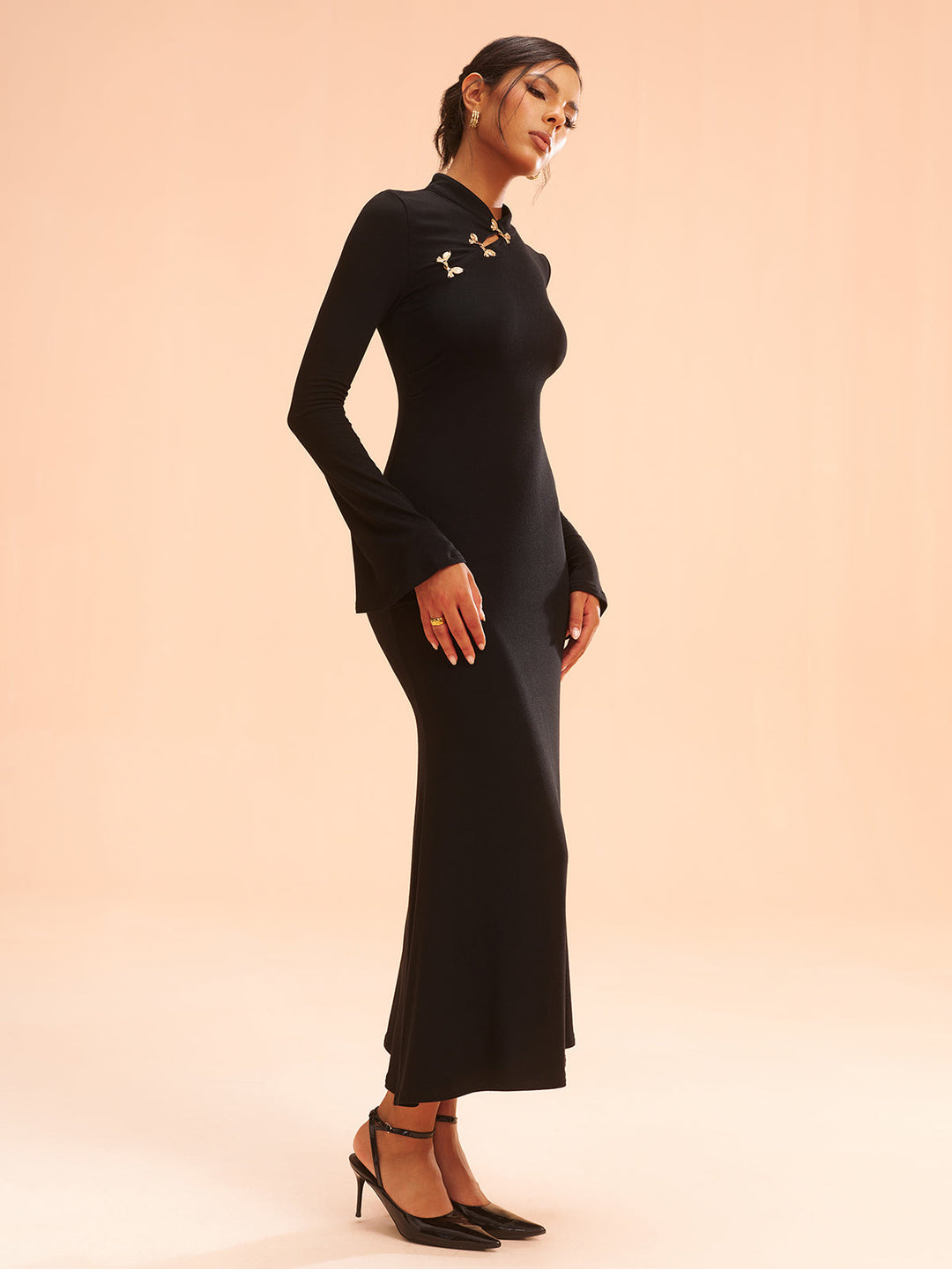 Metal Bow Detail Stand Collar Maxi Dress  Liora Lane Boutique Dresses