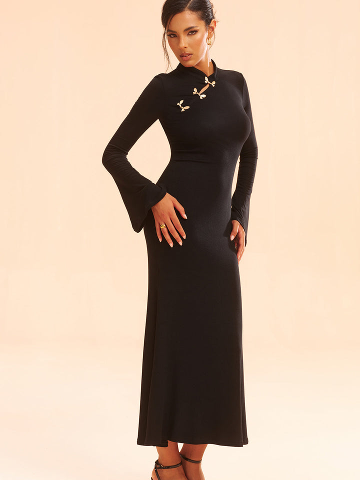Metal Bow Detail Stand Collar Maxi Dress  Liora Lane Boutique Dresses Black / XL 48.00