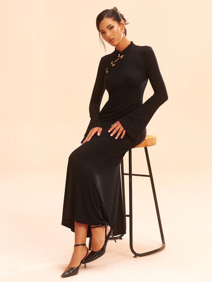 Metal Bow Detail Stand Collar Maxi Dress  Liora Lane Boutique Dresses