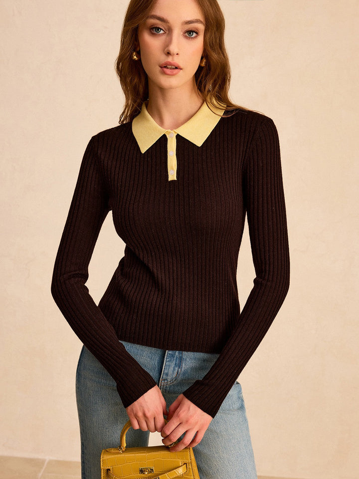 Contrast Collar Wool Blend Polo Knit Top  Liora Lane Boutique Knit Tops Dark Brown / XL 38.00