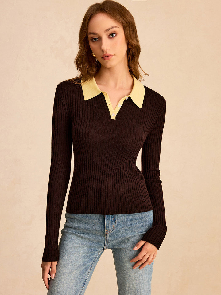 Contrast Collar Wool Blend Polo Knit Top  Liora Lane Boutique Knit Tops
