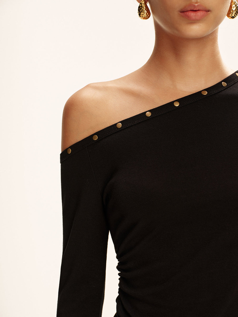 Studded Off Shoulder Long Sleeve T-Shirt  Liora Lane Boutique T-Shirts