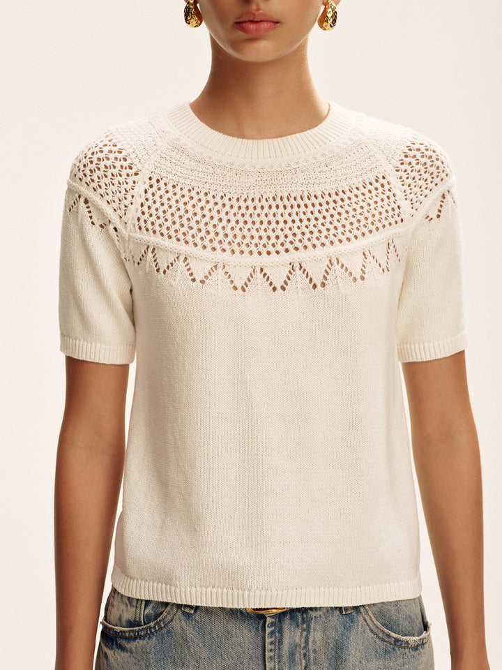 Short-Sleeve Eyelet Knit Sweater  Liora Lane Boutique Sweaters