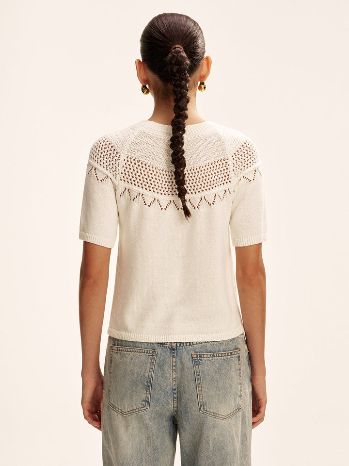 Short-Sleeve Eyelet Knit Sweater  Liora Lane Boutique Sweaters