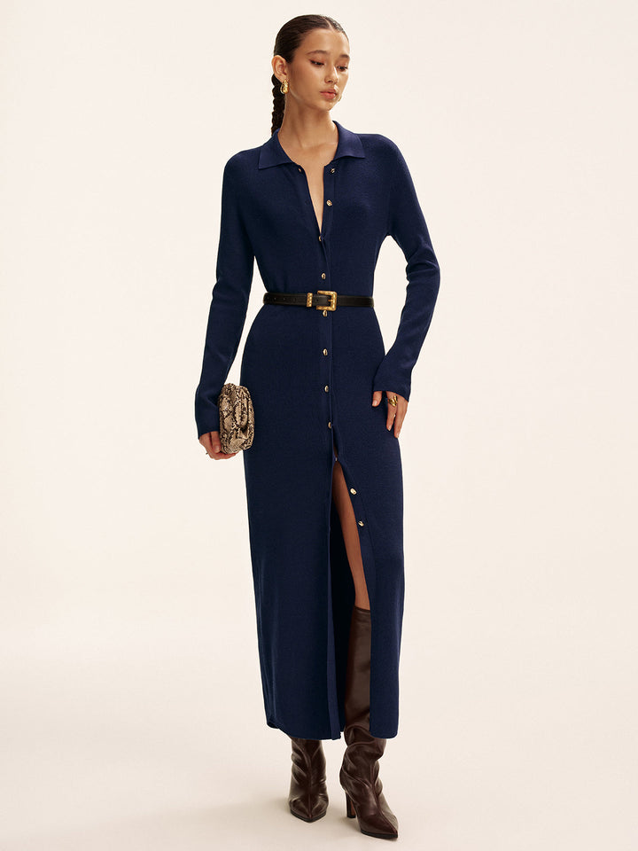 Long Sleeve Button Knit Maxi Dress without Belt  Liora Lane Boutique Sweater Dresses Navy / XL 162.99