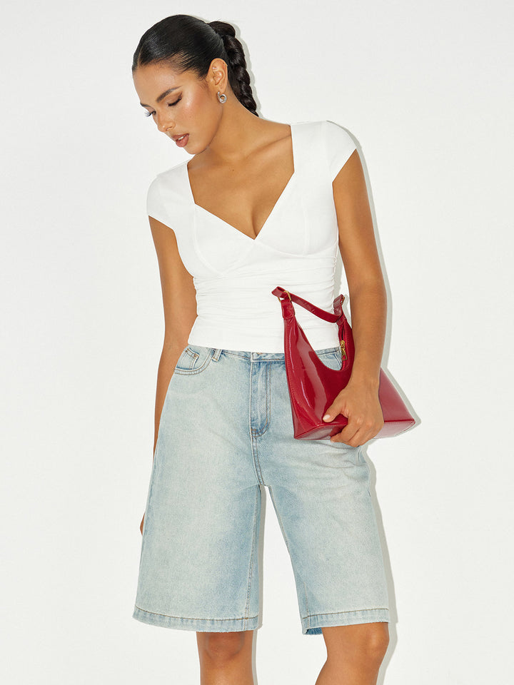 Ruched V-Neck Cap Sleeve T-Shirt  Liora Lane Boutique T-Shirts