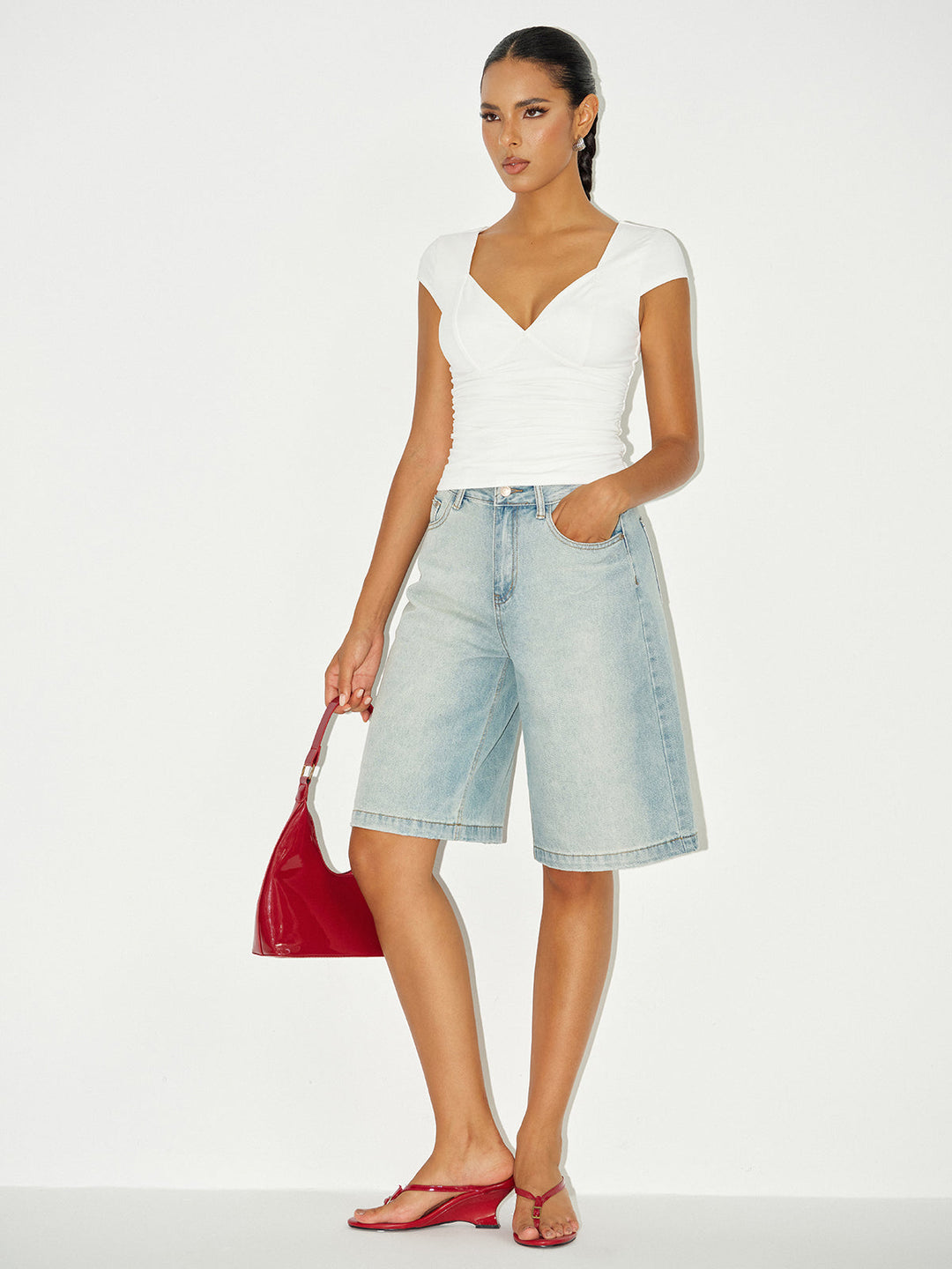 Ruched V-Neck Cap Sleeve T-Shirt  Liora Lane Boutique T-Shirts