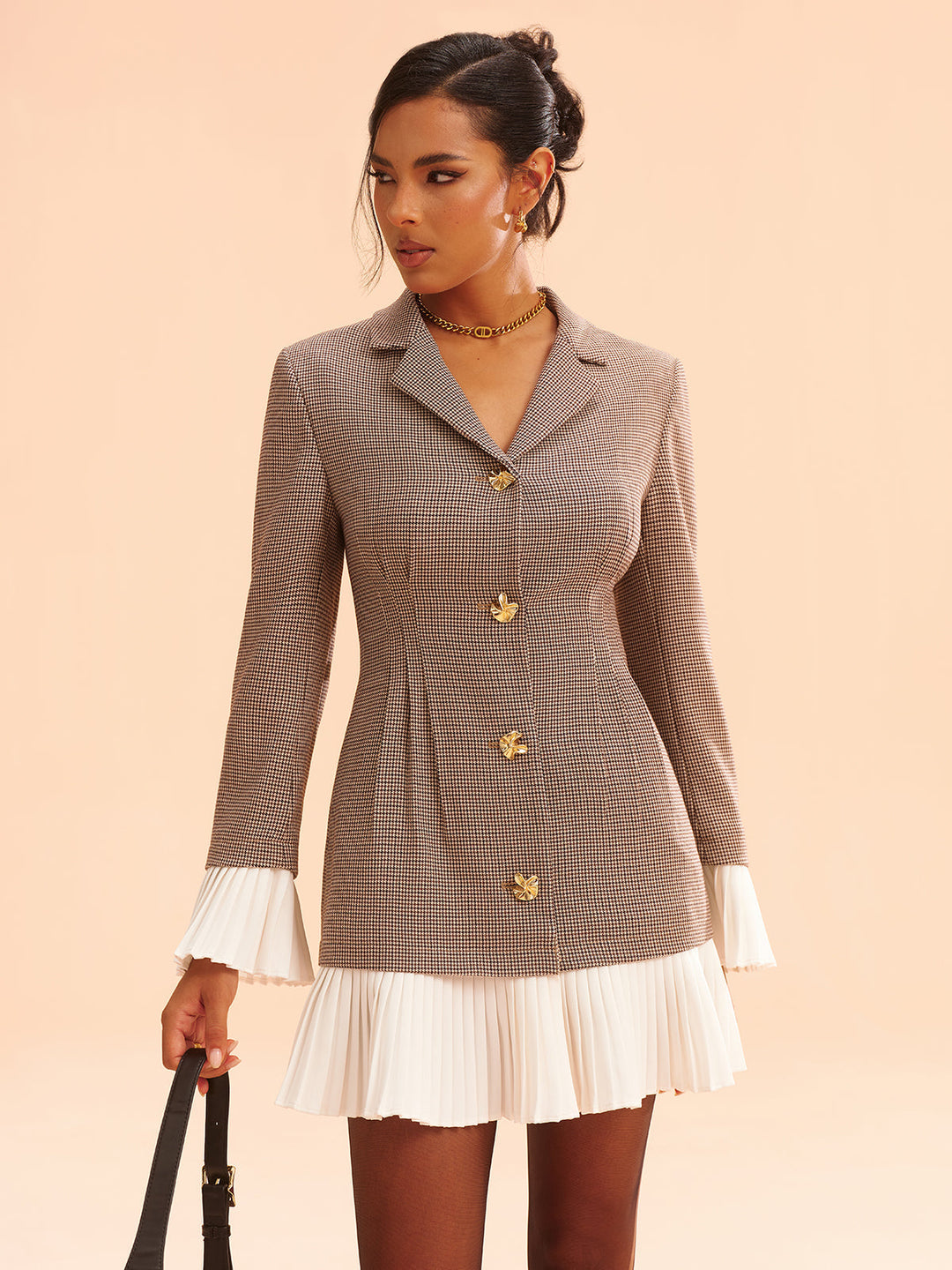 Pleated Hem Panel Houndstooth Blazer Dress  Liora Lane Boutique Dresses Khaki / XL 195.00