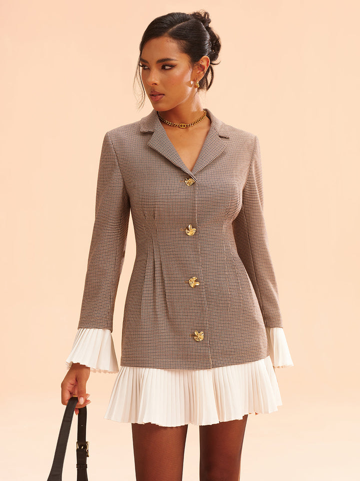 Pleated Hem Panel Houndstooth Blazer Dress  Liora Lane Boutique Dresses Khaki / XL 195.00