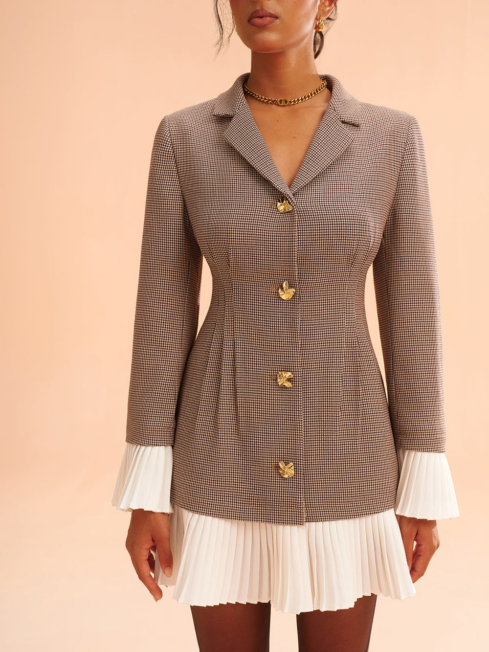 Pleated Hem Panel Houndstooth Blazer Dress  Liora Lane Boutique Dresses