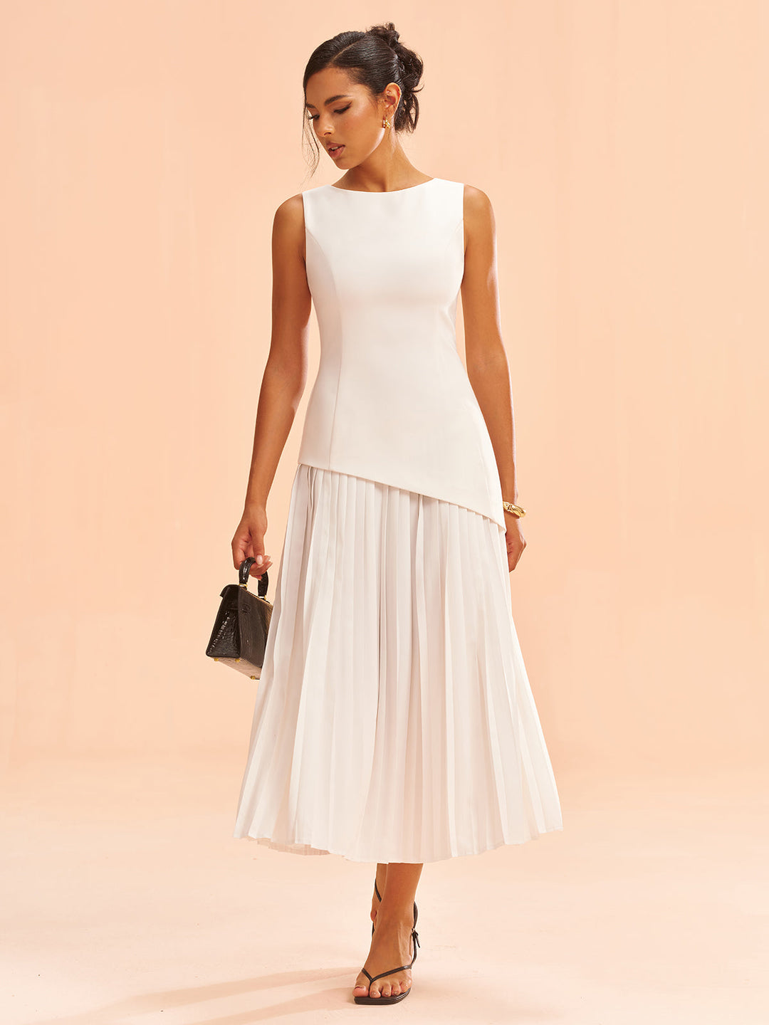 Sleeveless Asymmetric Pleated Midi Dress  Liora Lane Boutique Dresses White / XL 72.00