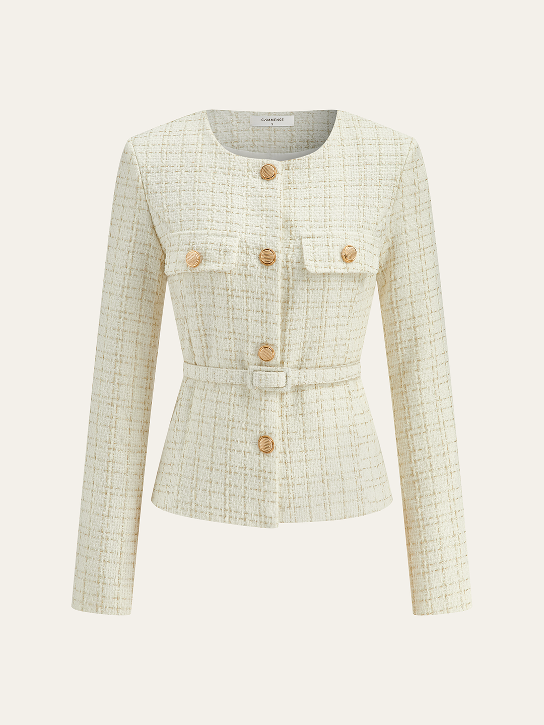 Metal Button Tweed Belted Blazer  Liora Lane Boutique Blazers Apricot / XL 167.00