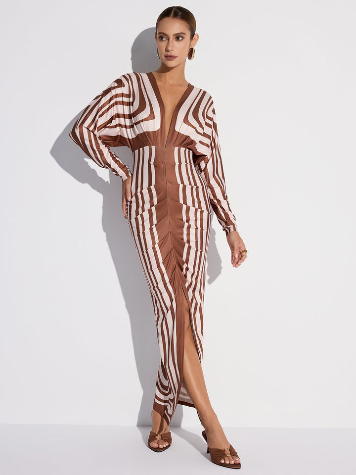 Striped Plunge Neck Slit Midi Dress without Belt  Liora Lane Boutique Dresses