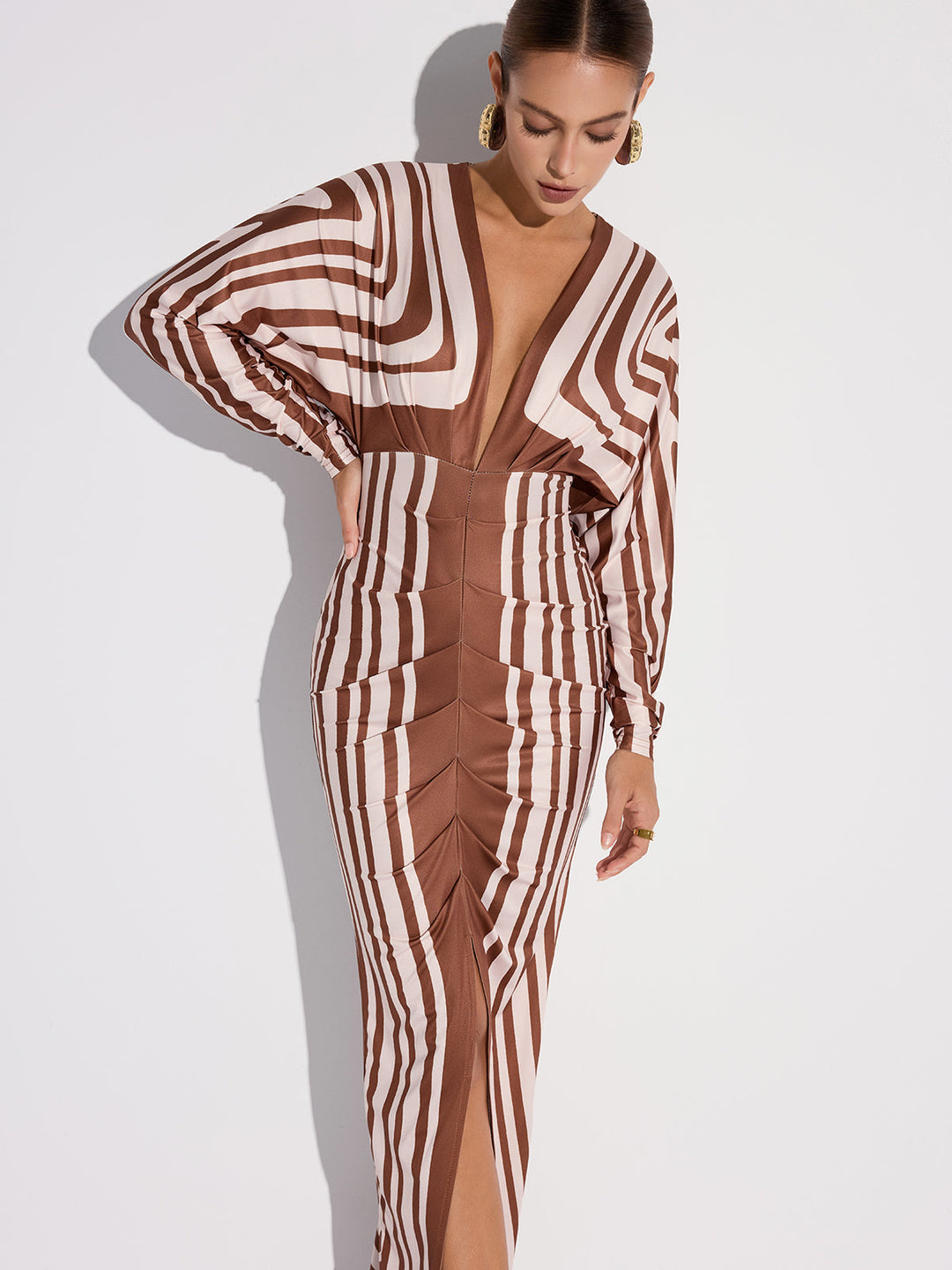 Striped Plunge Neck Slit Midi Dress without Belt  Liora Lane Boutique Dresses