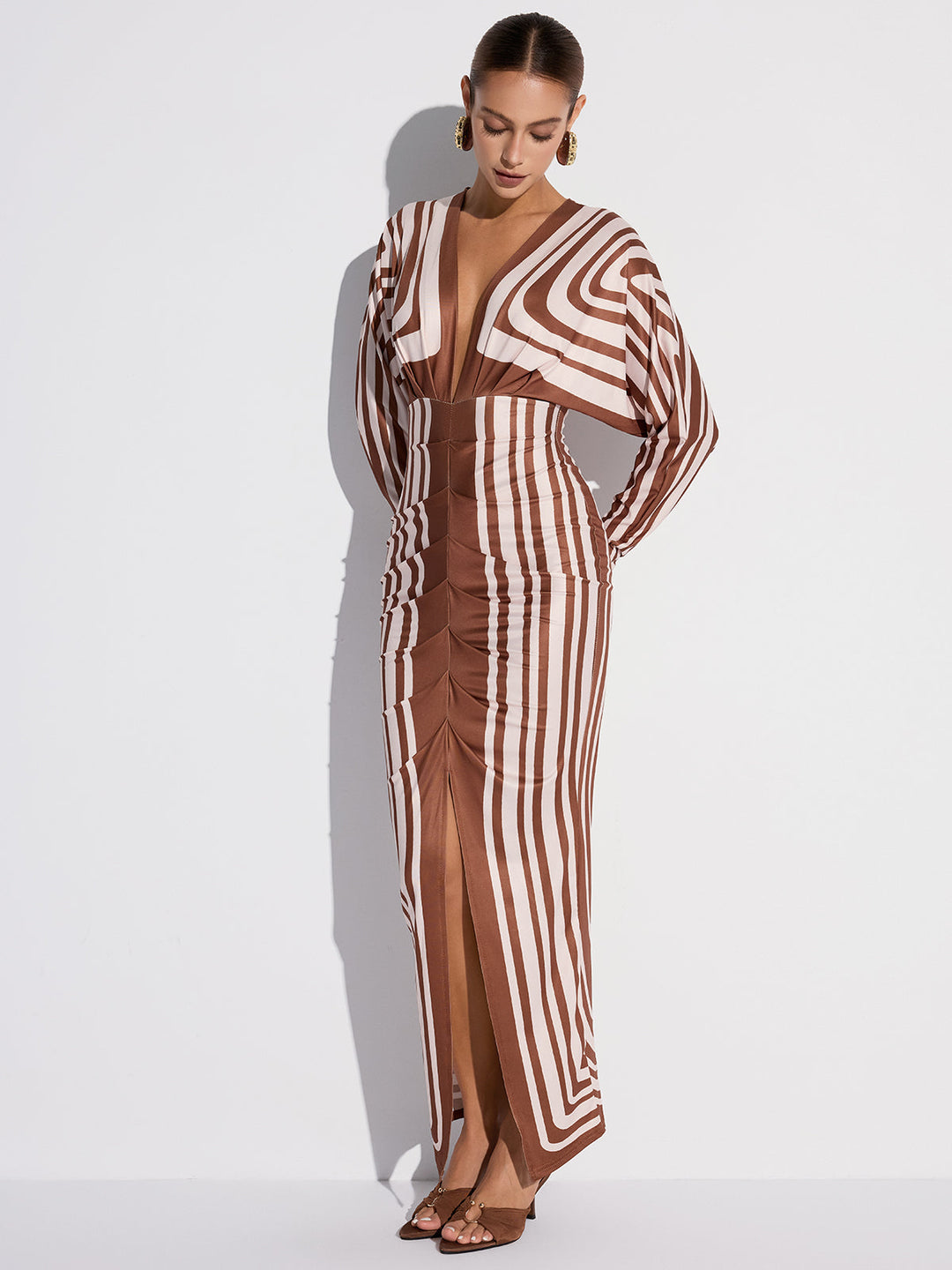 Striped Plunge Neck Slit Midi Dress without Belt  Liora Lane Boutique Dresses