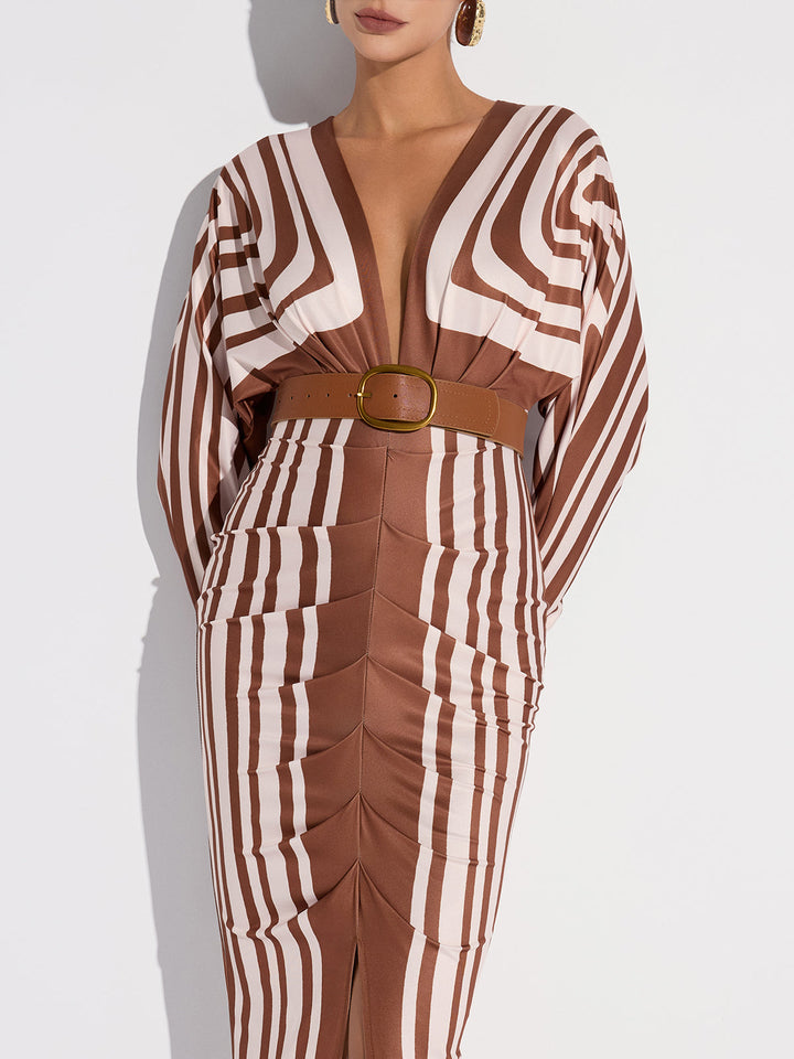 Striped Plunge Neck Slit Midi Dress without Belt  Liora Lane Boutique Dresses