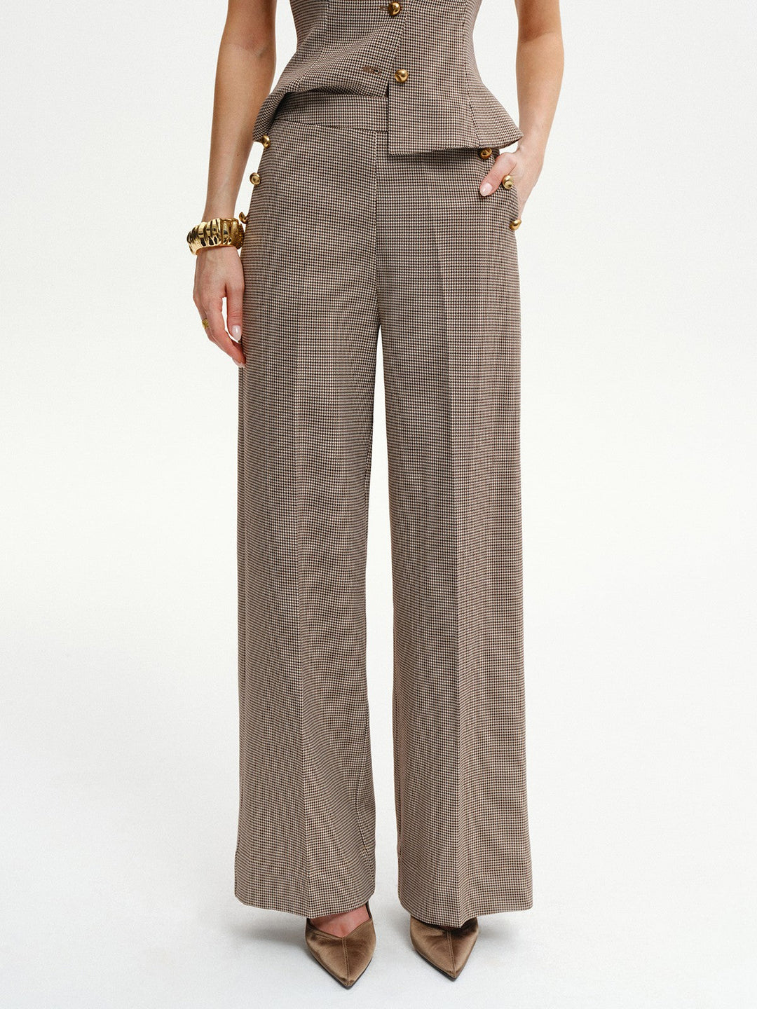 Houndstooth Metal Detail Mid-Waist Pants  Liora Lane Boutique Pants
