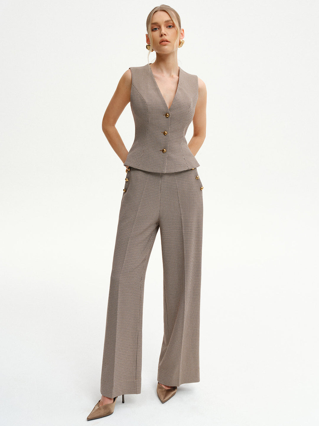 Houndstooth Metal Detail Mid-Waist Pants  Liora Lane Boutique Pants