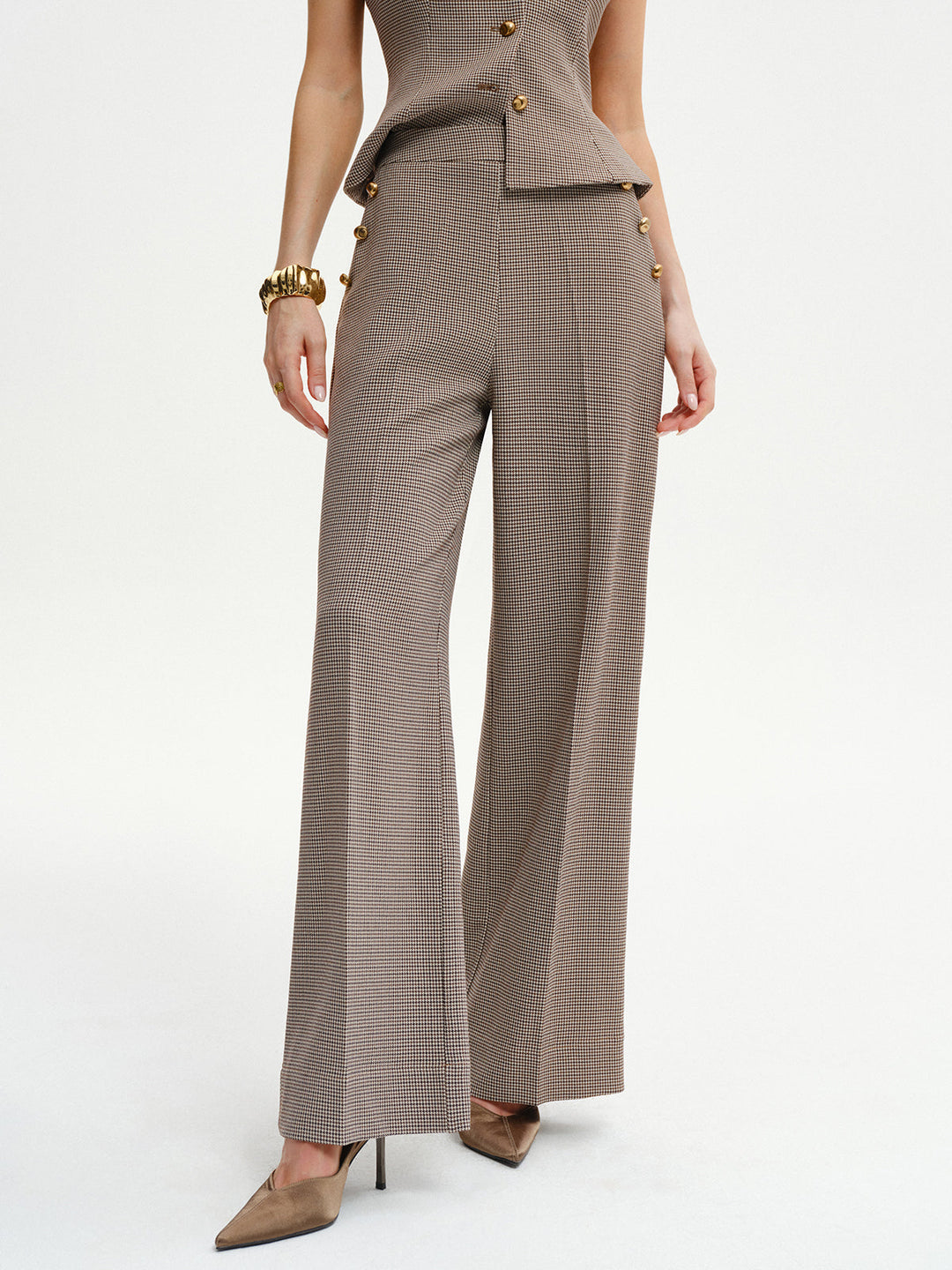 Houndstooth Metal Detail Mid-Waist Pants  Liora Lane Boutique Pants