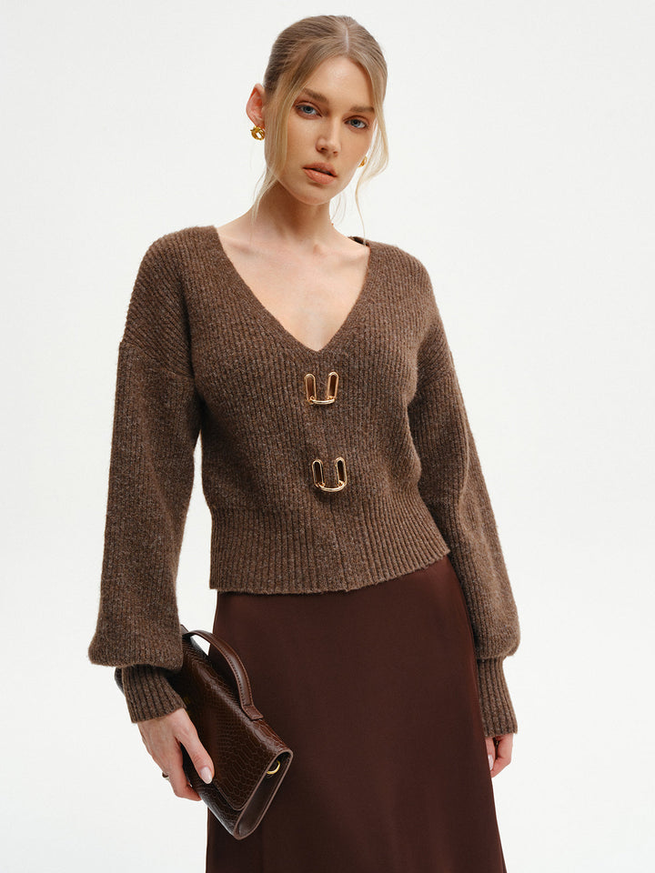 Wool-Blend V-Neck Sweater  Liora Lane Boutique Sweaters Dark Brown / XL 45.00