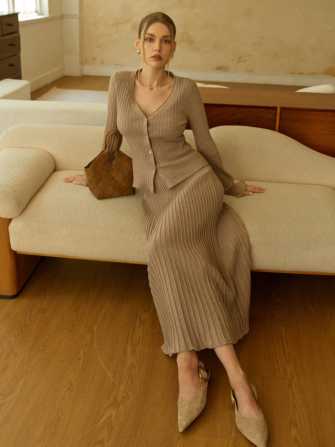 Textured Knit Cardigan and Midi Skirt Set  Liora Lane Boutique Skirt Sets Khaki / XL 84.99