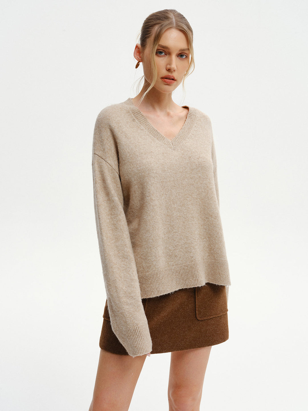 Wool-Blend V-Neck Sweater with Side Slit  Liora Lane Boutique Sweaters