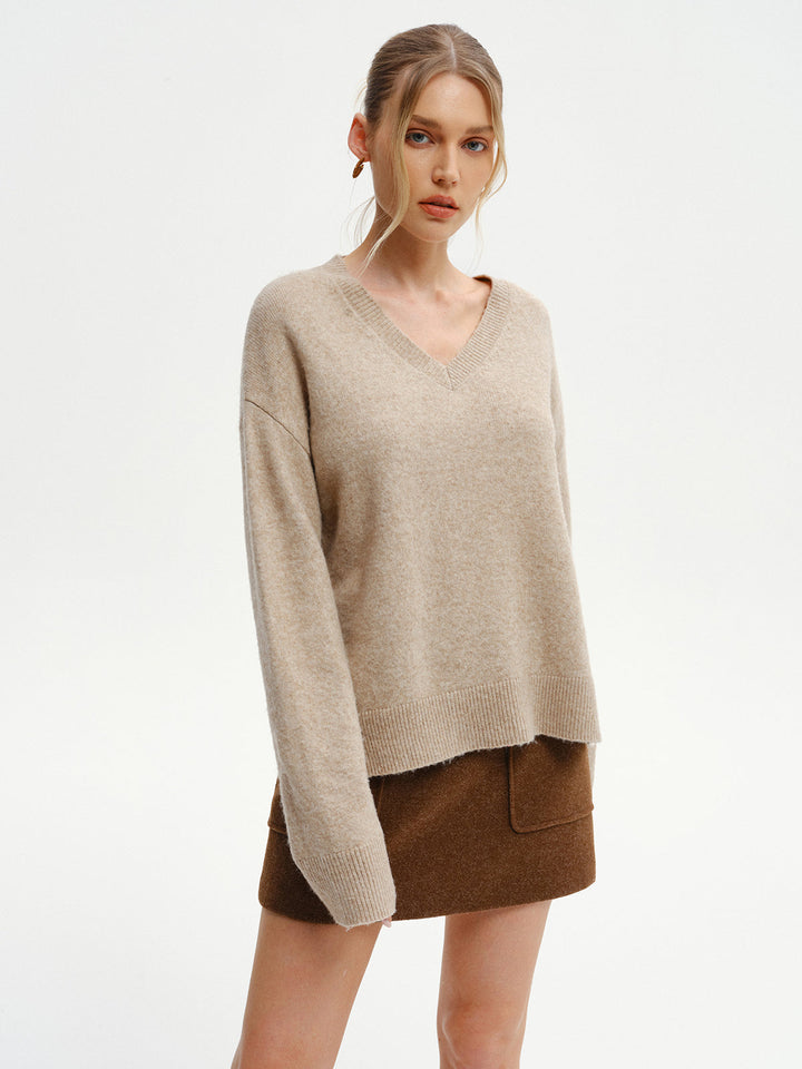 Wool-Blend V-Neck Sweater with Side Slit  Liora Lane Boutique Sweaters