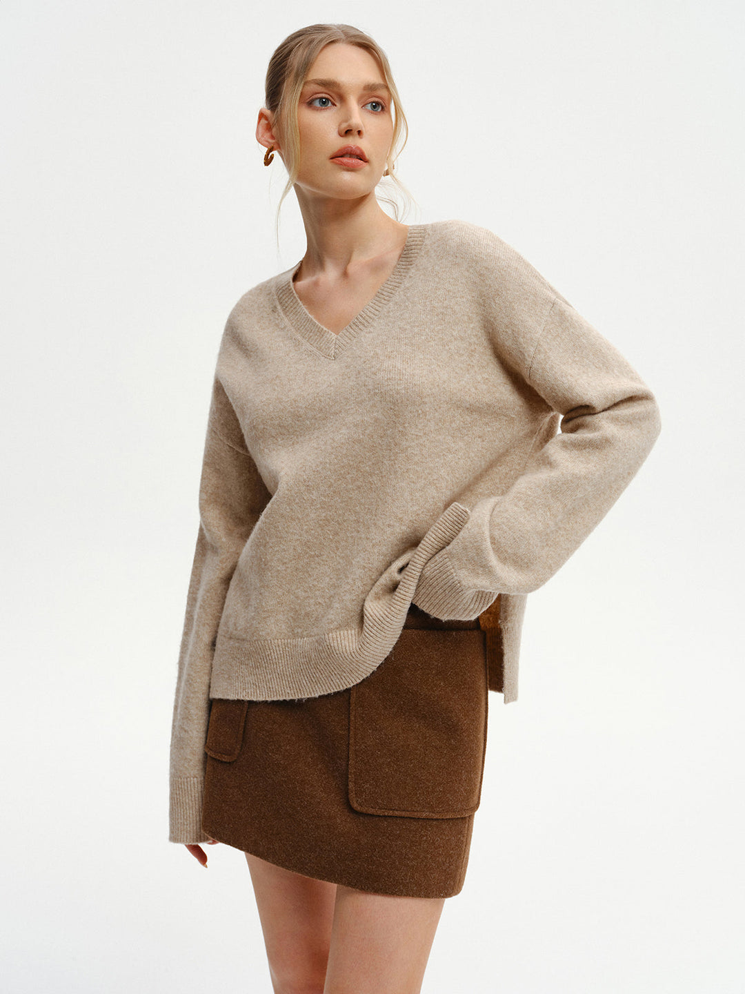 Wool-Blend V-Neck Sweater with Side Slit  Liora Lane Boutique Sweaters Khaki / XL 42.00