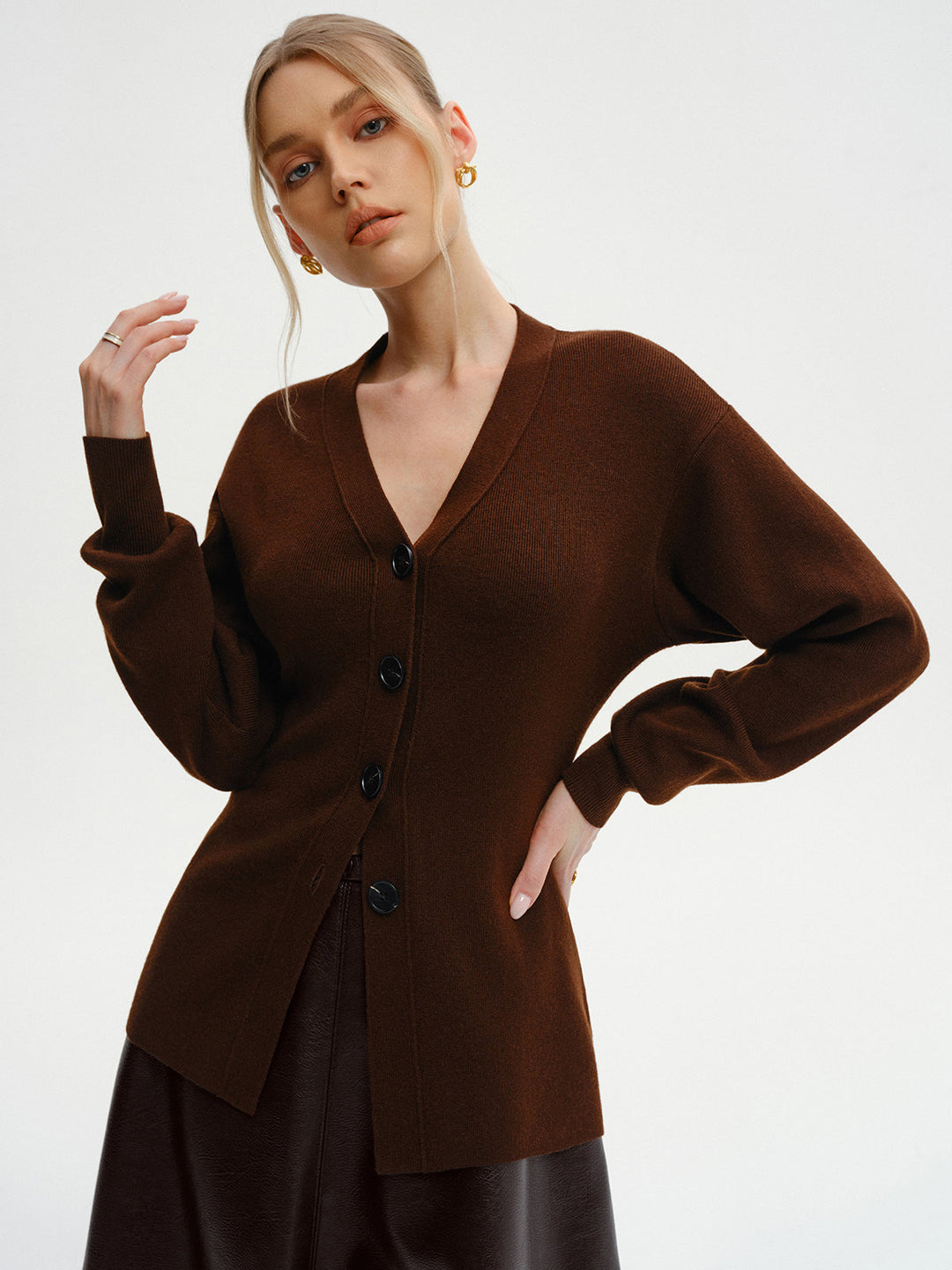 Wool-Blend V-Neck Button-Down Cardigan  Liora Lane Boutique Cardigans