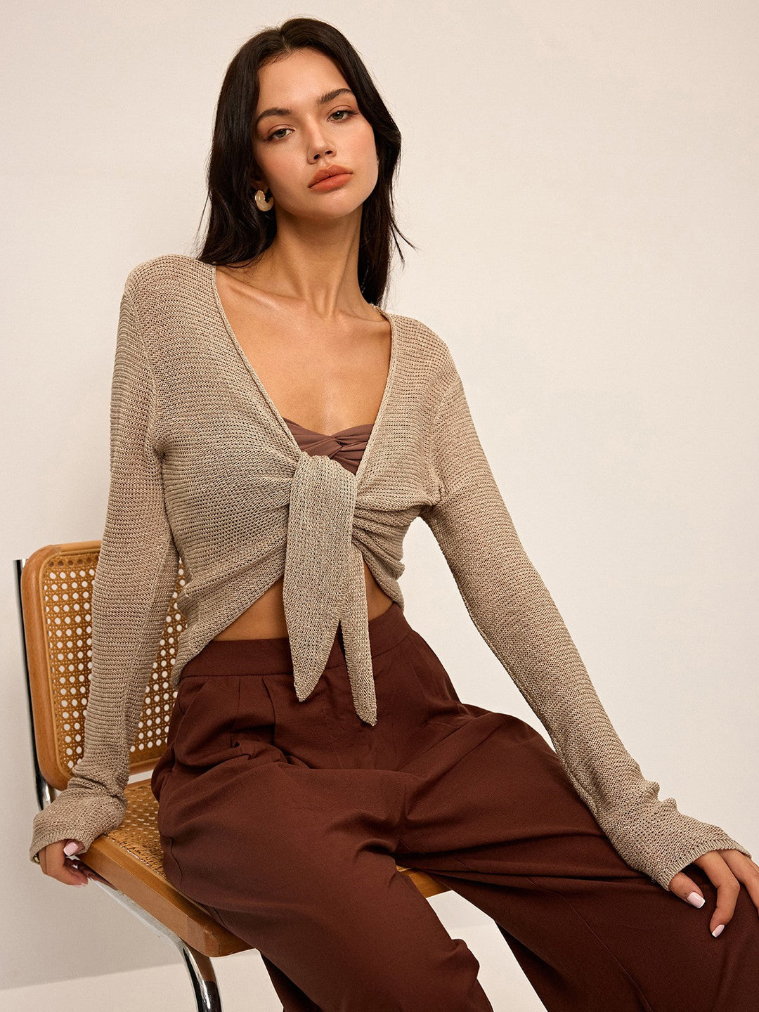 Knotted Front Long Sleeve Knit Top  Liora Lane Boutique Cardigans Khaki / XL 84.99