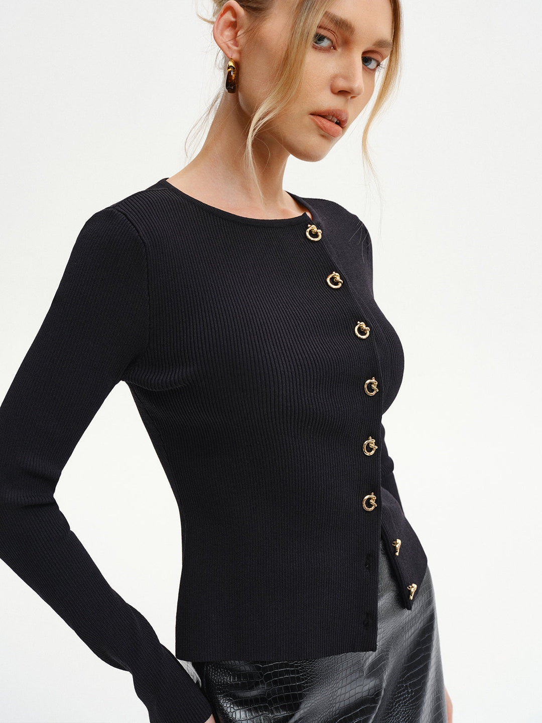 Metal Button Ribbed Knit Cardigan  Liora Lane Boutique Cardigans