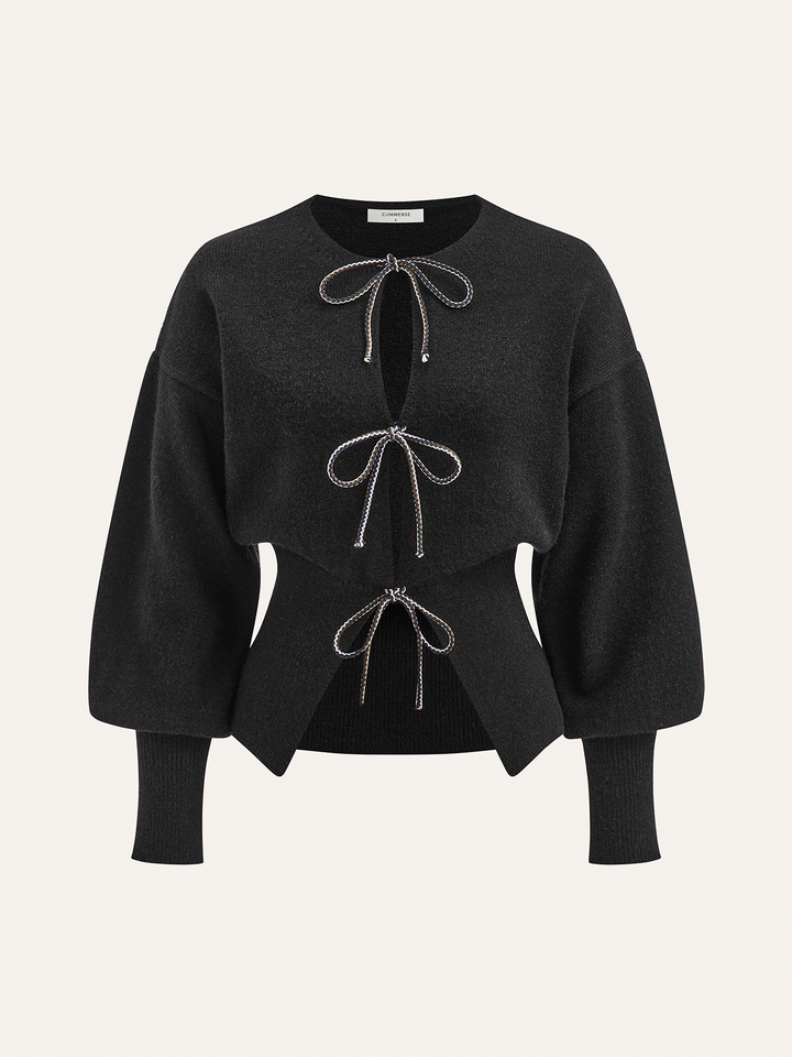 Bow Tie Balloon Sleeve Cardigan  Liora Lane Boutique Cardigans Black / XL 84.99