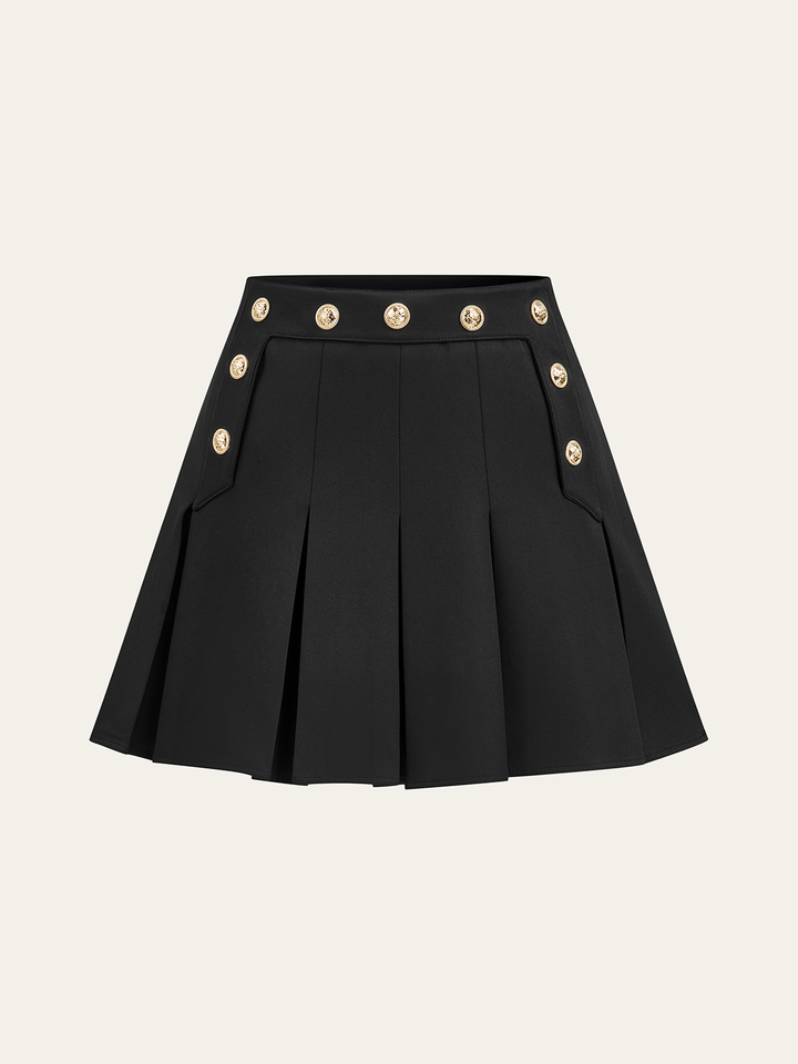 Pleated Mini Skirt with Decor Button  Liora Lane Boutique Skirts Black / XL 69.99