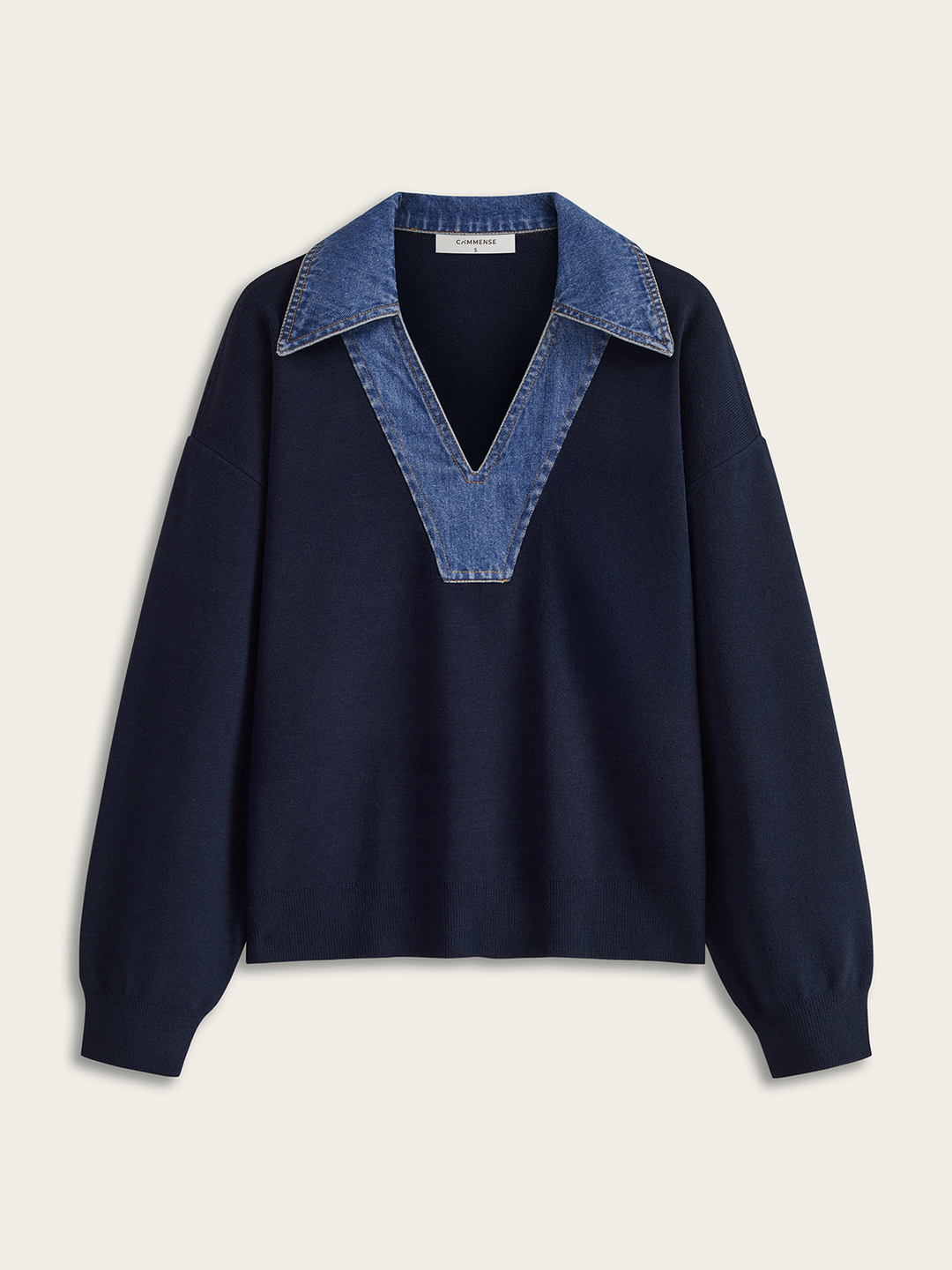 Denim Collar V-Neck Sweater  Liora Lane Boutique Sweaters Navy / XL 68.00