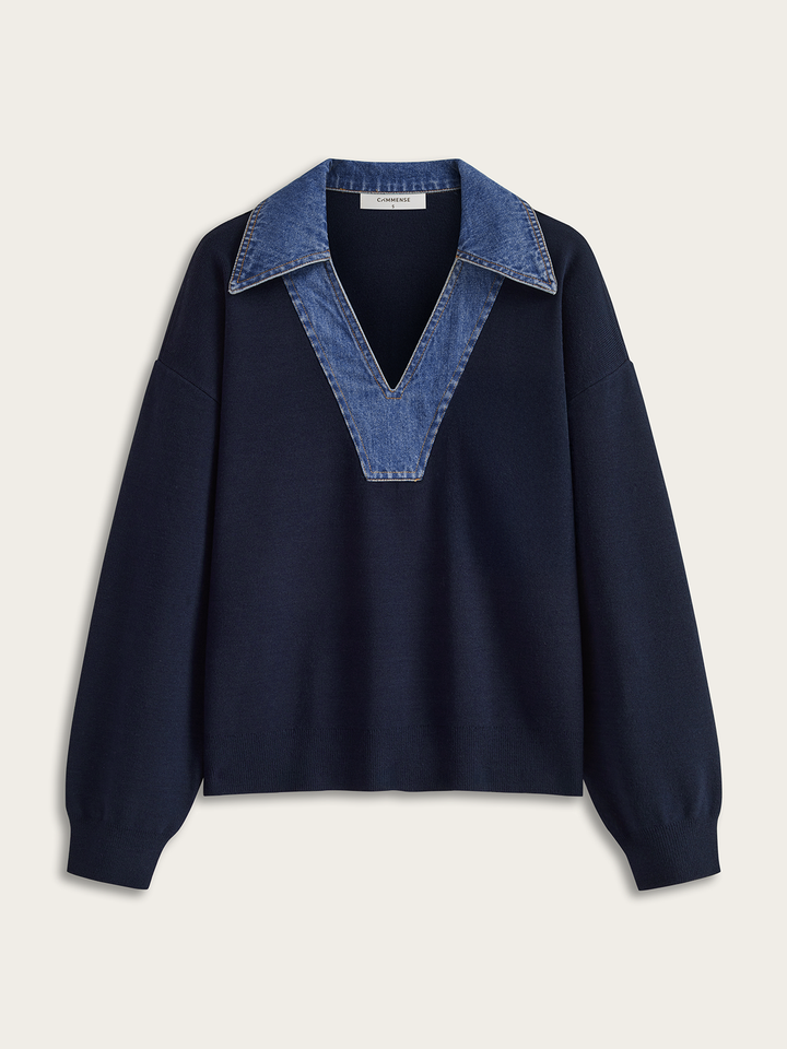 Denim Collar V-Neck Sweater  Liora Lane Boutique Sweaters Navy / XL 68.00