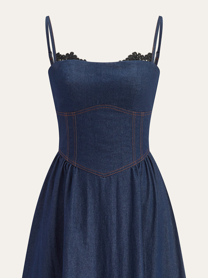 Lace Trim Denim Cami Maxi Dress  Liora Lane Boutique Dresses