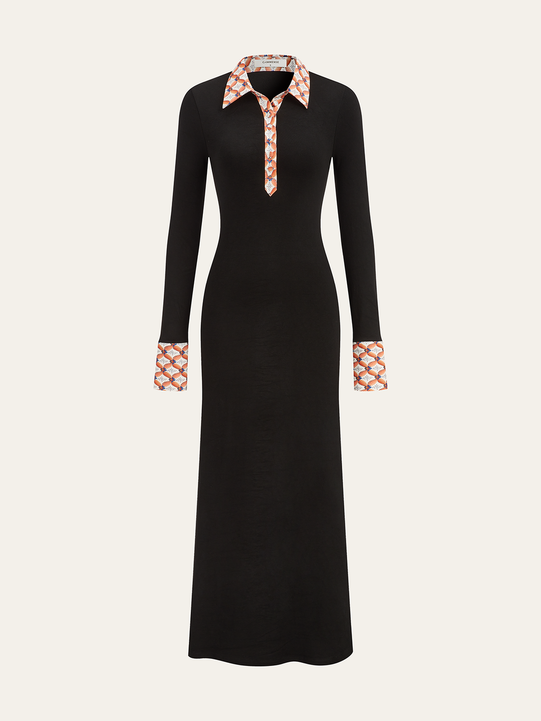 Print Trim Shirt Collar Maxi Dress  Liora Lane Boutique Sweater Dresses Black / XL 140.99