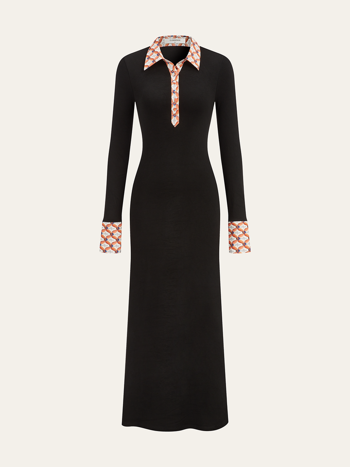 Print Trim Shirt Collar Maxi Dress  Liora Lane Boutique Sweater Dresses Black / XL 140.99