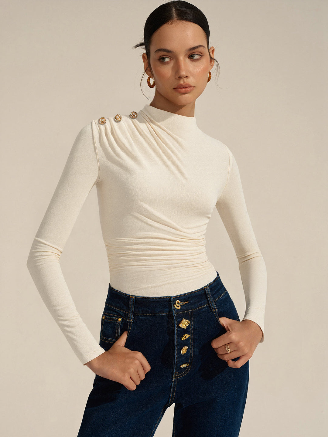 Ruched Shoulder-Decor Long Sleeve Bodysuit  Liora Lane Boutique Bodysuits Apricot / XL 32.00