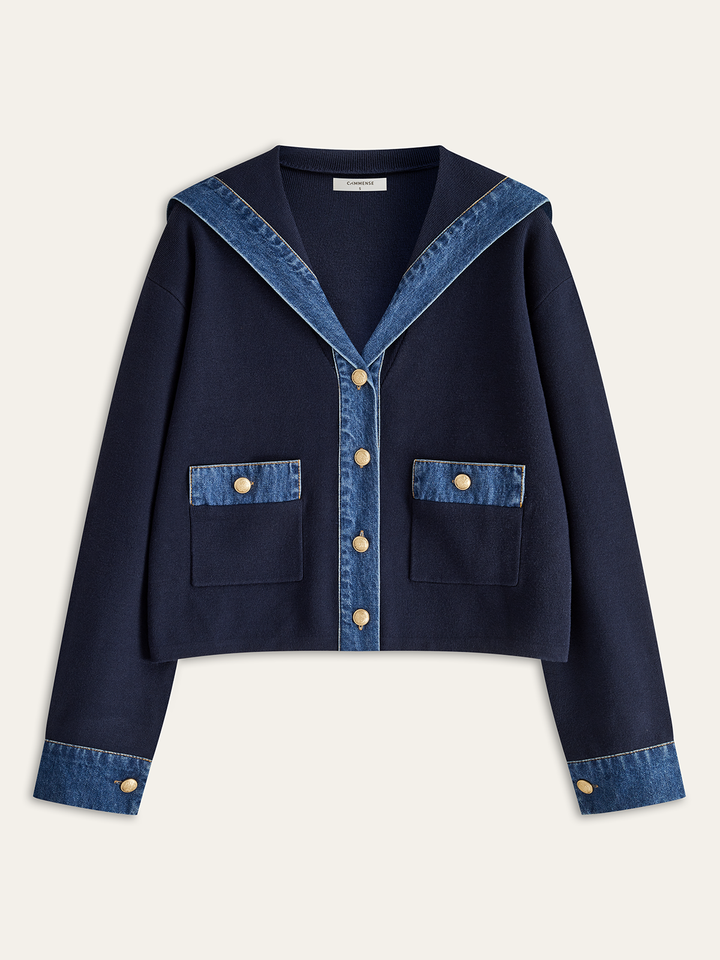 Sailor Collar Denim Trim Knit Outerwear  Liora Lane Boutique Knit Outerwear Navy / XL 76.00