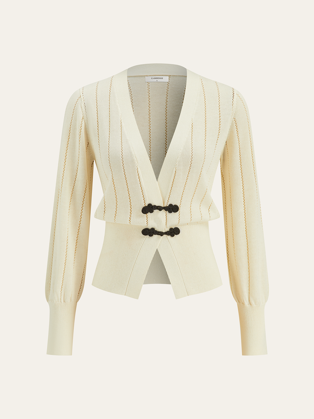 Eyelet-Striped Waist-Cinched Knit Cardigan  Liora Lane Boutique Cardigans Beige / XL 44.00