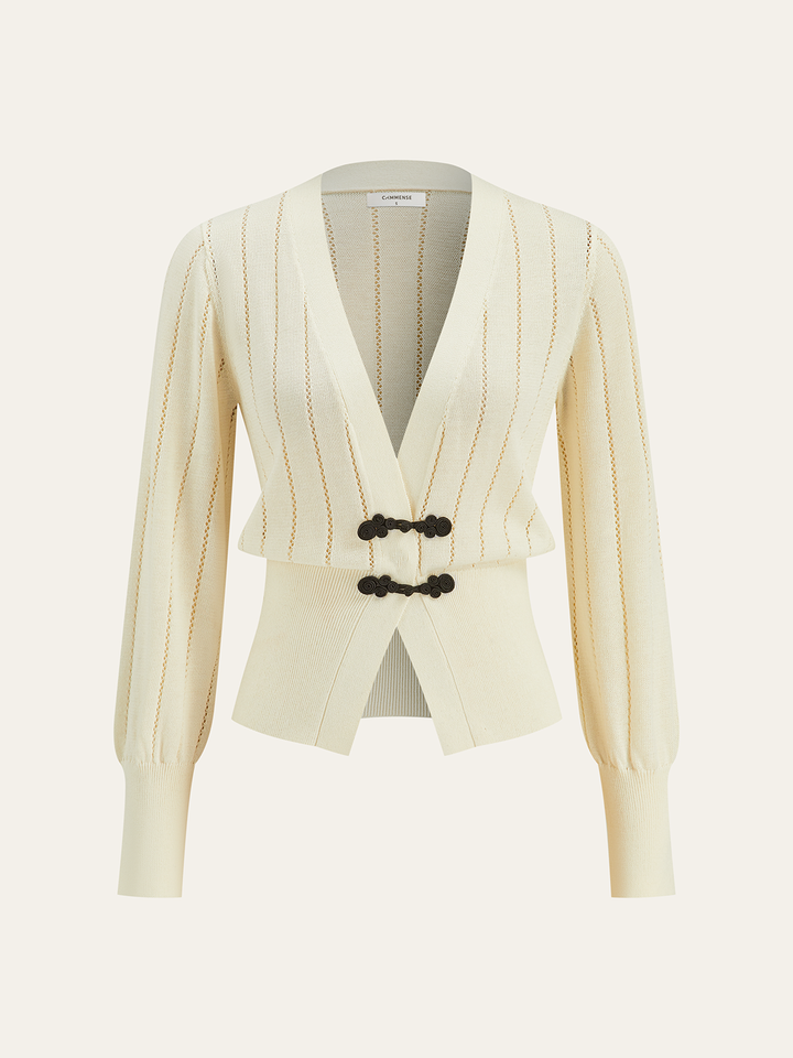 Eyelet-Striped Waist-Cinched Knit Cardigan  Liora Lane Boutique Cardigans Beige / XL 44.00