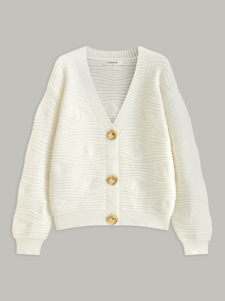 Metal Button Textured Knit Cardigan  Liora Lane Boutique Cardigans Off-White / XL 84.99