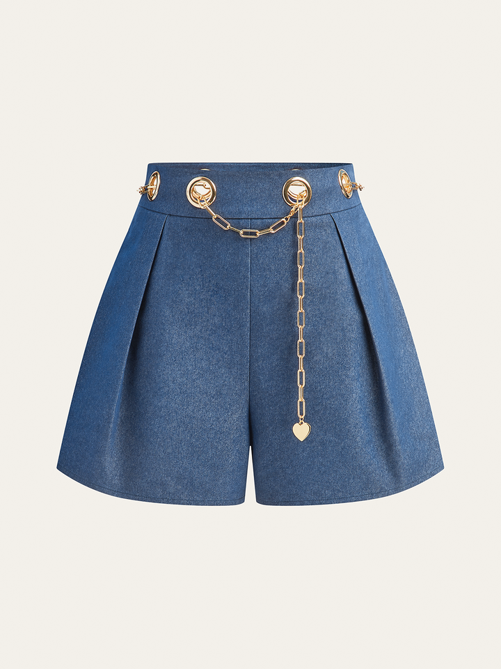 Faux Denim Shorts with Metal Chain Belt  Liora Lane Boutique Shorts LightBlue / XL 39.00