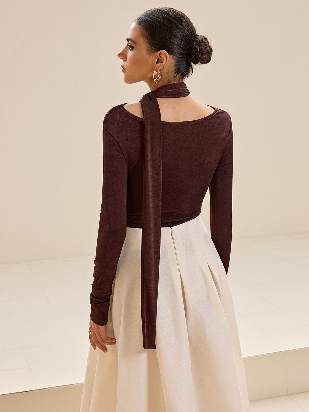 Asymmetric Neck Tie Detail Long-Sleeve T-Shirt  Liora Lane Boutique T-Shirts