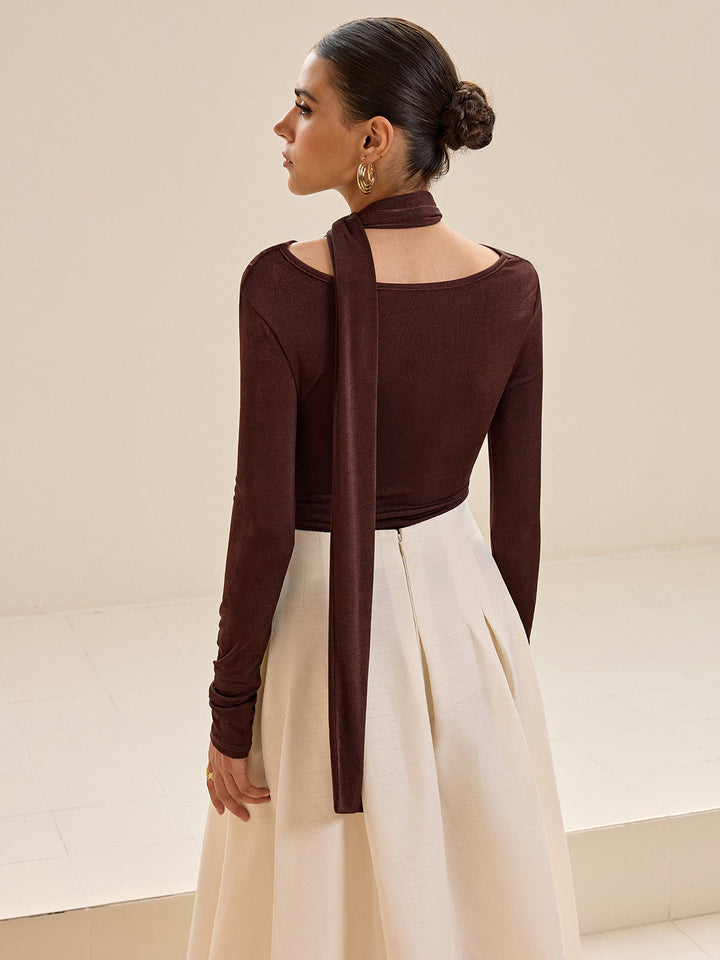 Asymmetric Neck Tie Detail Long-Sleeve T-Shirt  Liora Lane Boutique T-Shirts
